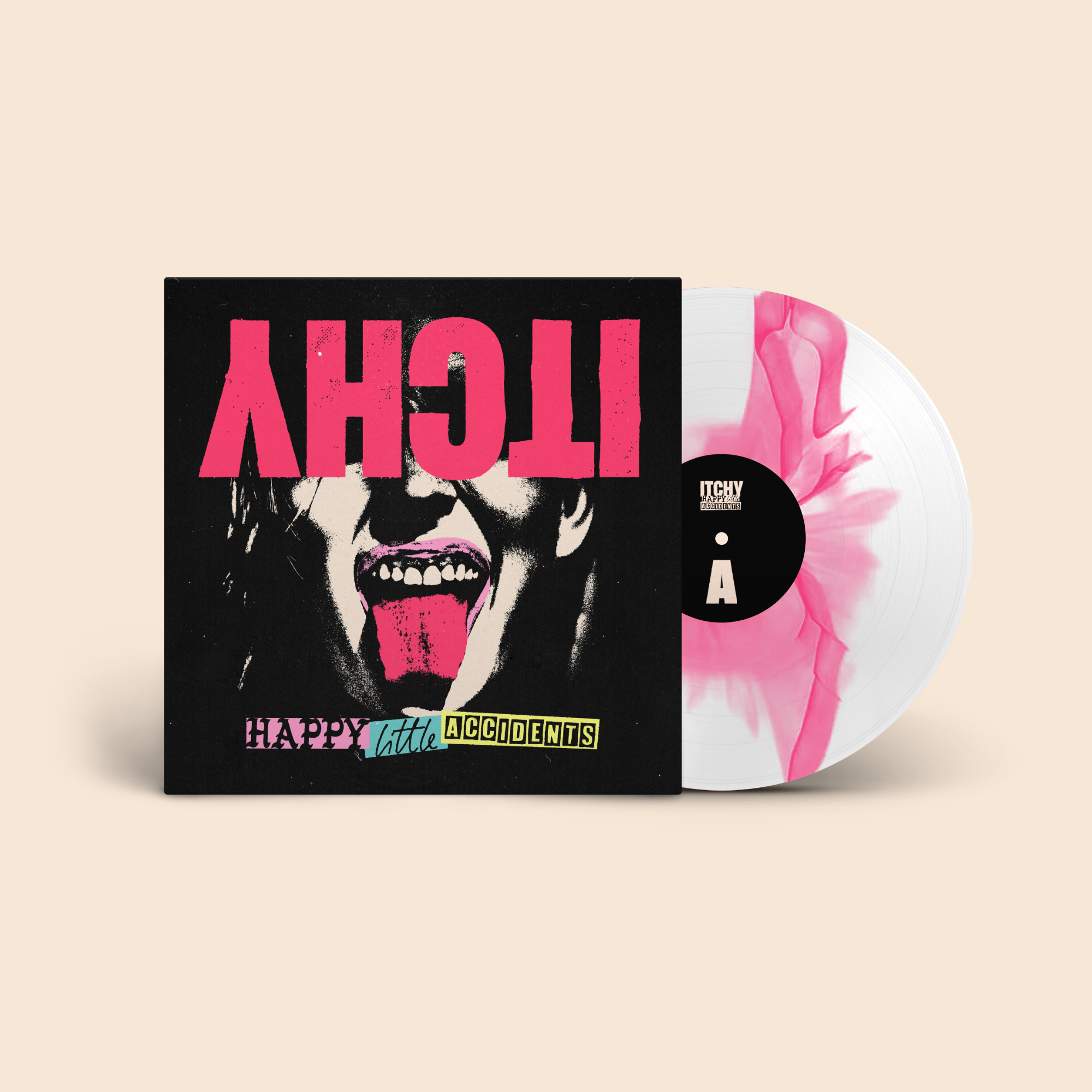 „Happy Little Accidents“ LP (White / Pink) + Shirt / Hoodie