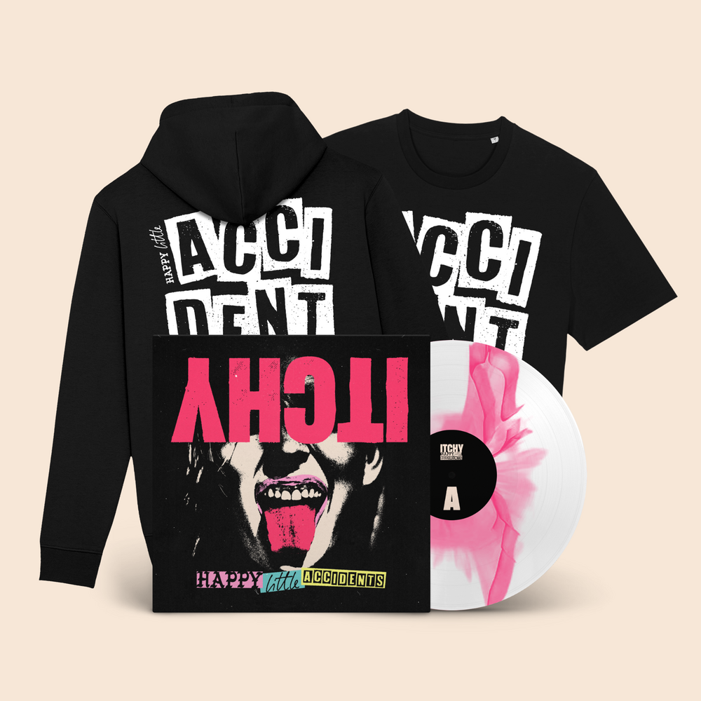 „Happy Little Accidents“ LP (White / Pink) + Shirt / Hoodie